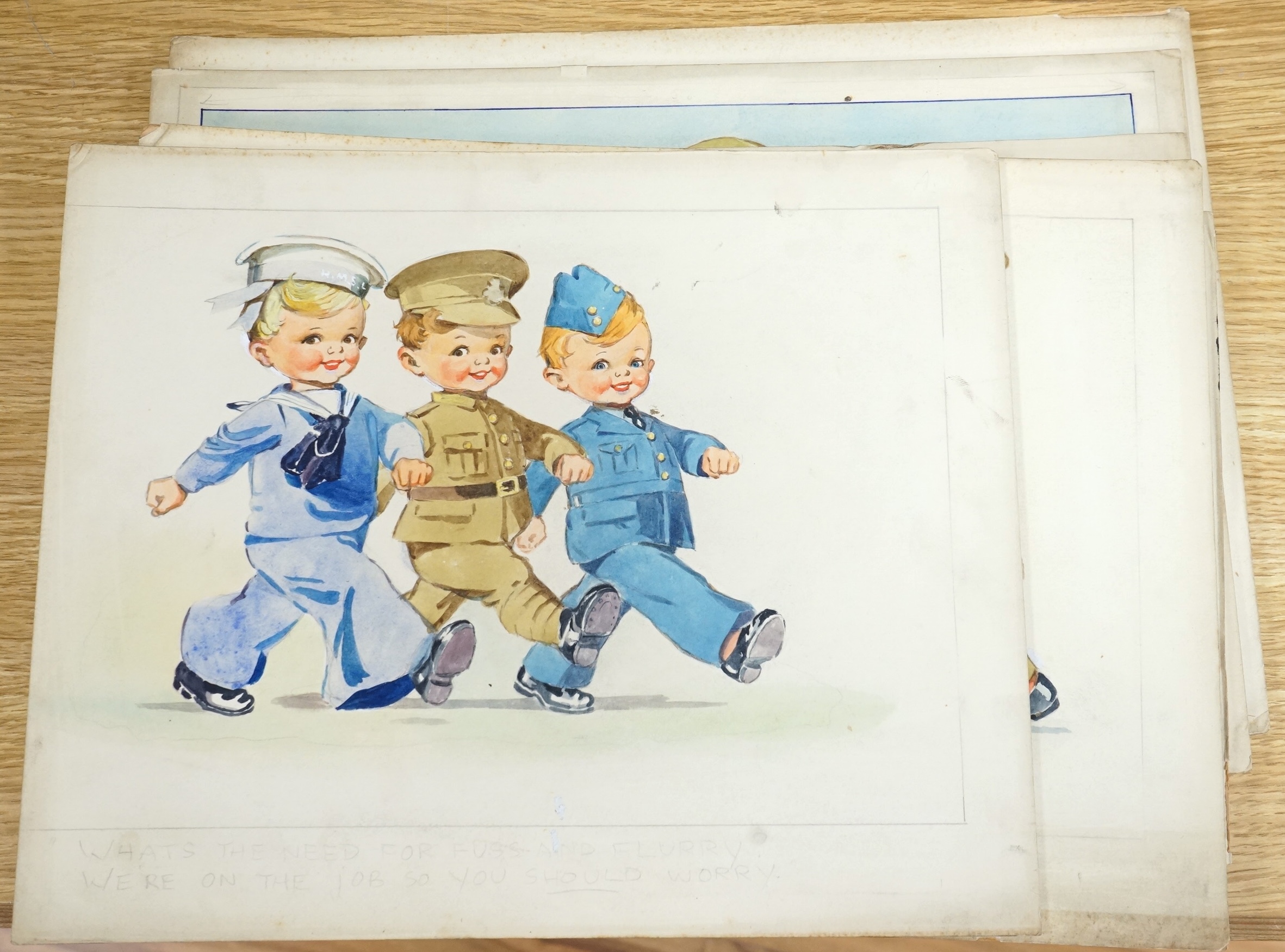 Madge Williams (1902-1986), a set of six original watercolours for children's postcard artworks, WWII examples to include The Home Guard, Caught by the Siren and But you said - Fall In, some signed with inscriptions, unf